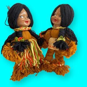 Yarn Dolls Native American, Braided Black Hair, Multicolor Clothes 15” Vtg